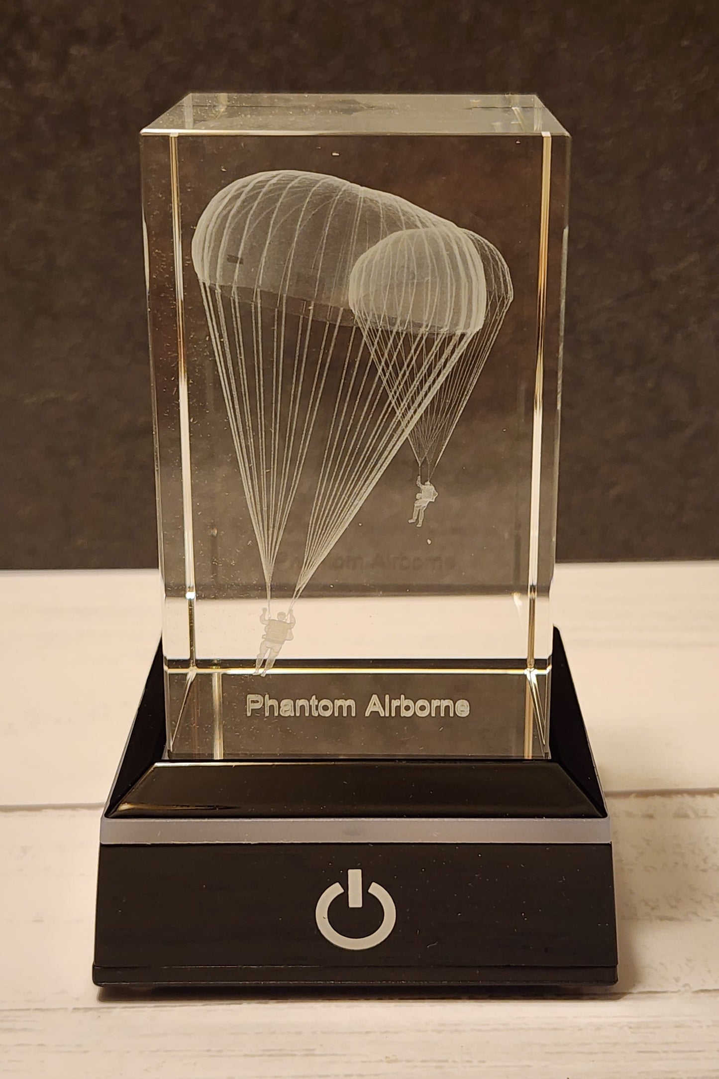 Engraved 3-D Crystal Glass Light Up Cube with Stand - Double Paratrooper