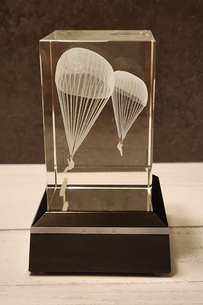 Engraved 3-D Crystal Glass Light Up Cube with Stand - Double Paratrooper