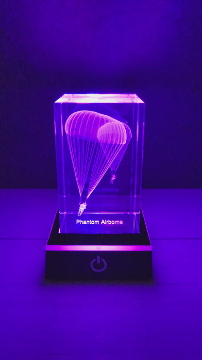 Engraved 3-D Crystal Glass Light Up Cube with Stand - Double Paratrooper